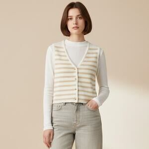 French Connection Stripe V-Neck Cardigan NWT Women's Sz S Summer White Oat Crop